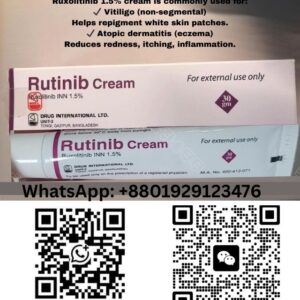 Rutinib Cream 1.5% Ruxolitinib INN 30g tube and box, used for vitiligo repigmentation and eczema treatment.